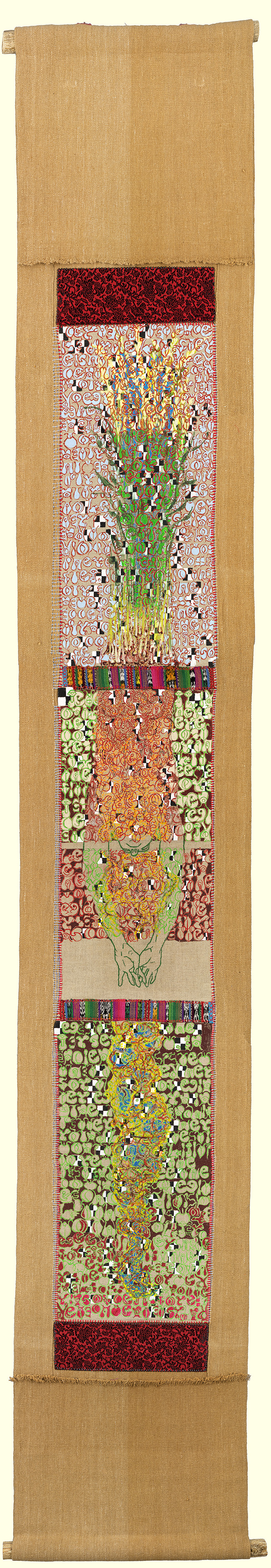 Back To The Land (2013) thumbnail — Liane Collins, Mixed Media on Hemp and Woven Cotton; 13.5 × 90 Inches